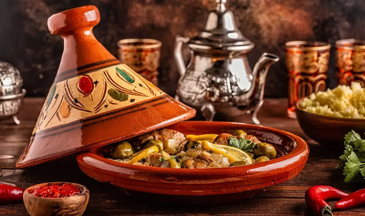 Un plat de tajine ouvert, r&eacute;v&eacute;lant une d&eacute;licieuse recette marocaine avec du poulet, des olives et du citron. Th&eacute;i&egrave;re et verres traditionnels en arri&egrave;re-plan.