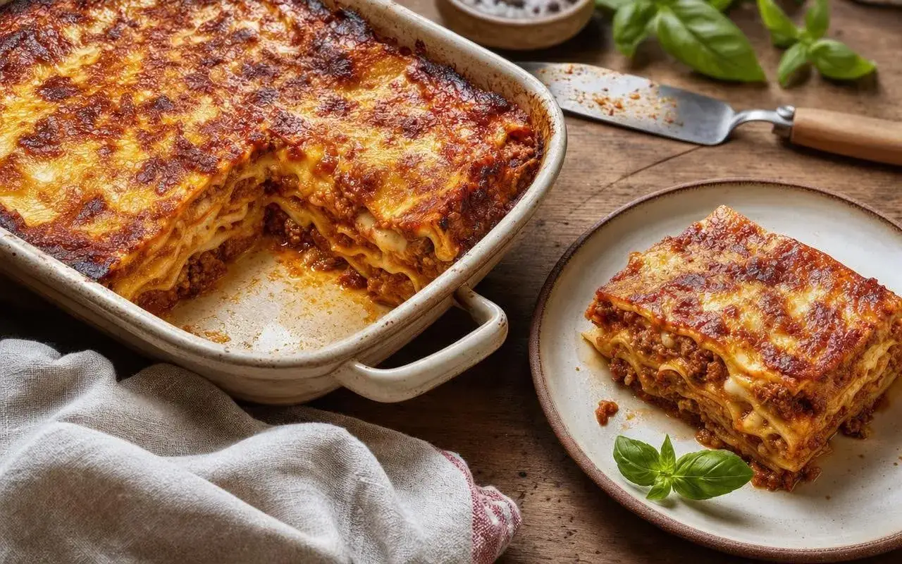 Une part de lasagne généreuse, dorée et gratinée, prête à être dégustée. Une recette lasagne qui fait saliver !