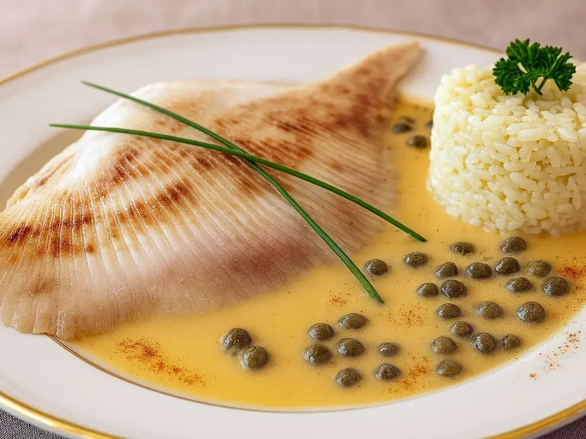 Une aile de raie po&ecirc;l&eacute;e, napp&eacute;e d'une sauce onctueuse aux c&acirc;pres, accompagn&eacute;e d'un d&ocirc;me de riz et d'une touche de persil.