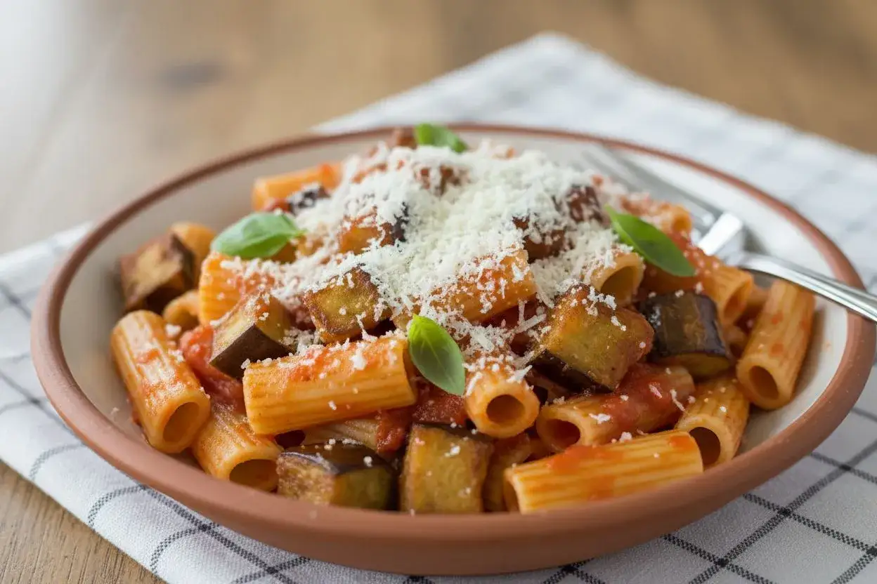 Un plat de pâtes rigatoni avec des morceaux d'aubergines, sauce tomate et une généreuse pincée de parmesan râpé, garni de feuilles de basilic frais.