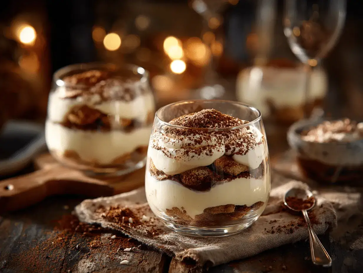 Délicieux tiramisu sans alcool en verrines, garni de cacao. Parfait pour un dessert gourmand et léger.