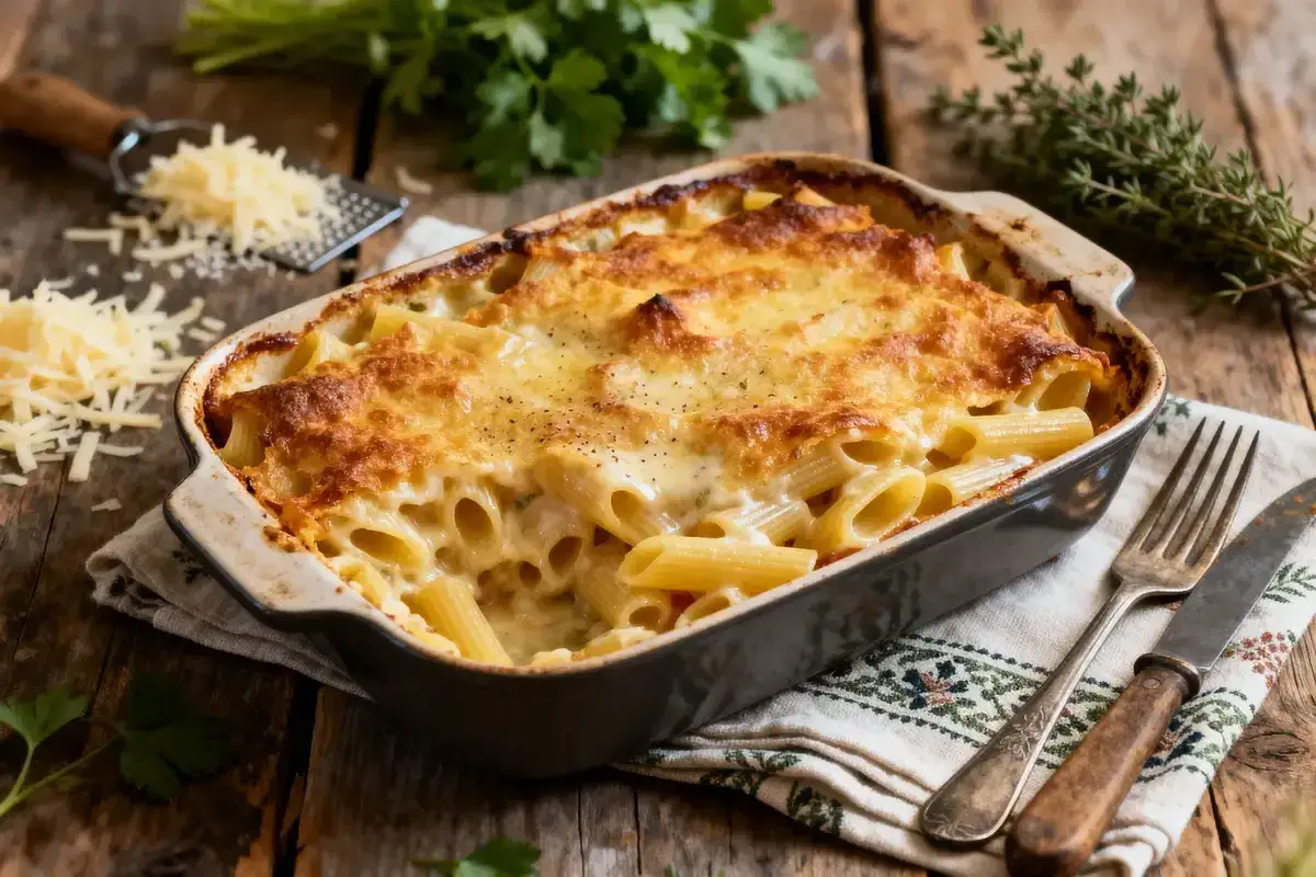 Un plat de cuisson gratin de pâtes tout juste sorti du four, avec une croûte dorée et crémeuse. Du fromage râpé et du persil décorent la scène.