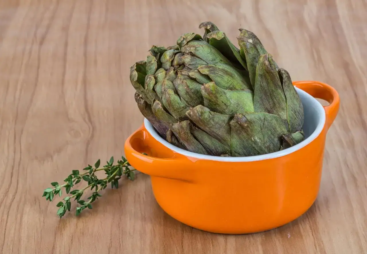 Un gros artichaut vert dans une cocotte orange, pr&ecirc;t &agrave; &ecirc;tre cuisin&eacute; au Cookeo avec du thym frais.