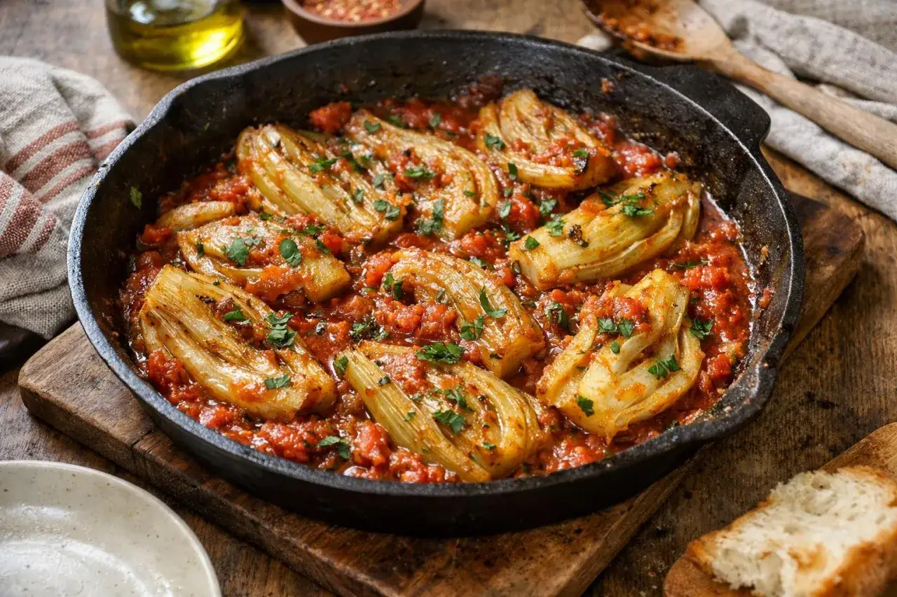 Po&ecirc;l&eacute;e de fenouil aux tomates, garnie de persil frais. Un plat savoureux qui met en valeur le fenouil.