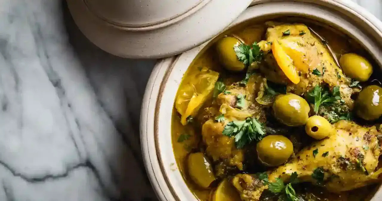Un plat de tajine poulet aux olives et citrons confits, garni de persil frais. Un délice parfumé et coloré.