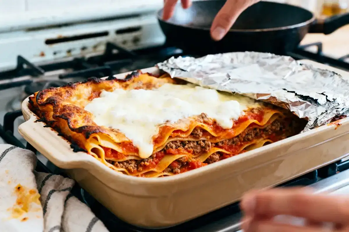 Une lasagne maison dor&eacute;e et gratin&eacute;e, pr&ecirc;te &agrave; &ecirc;tre d&eacute;gust&eacute;e. Les couches g&eacute;n&eacute;reuses de p&acirc;tes, sauce tomate et viande sont recouvertes de fromage fondu.
