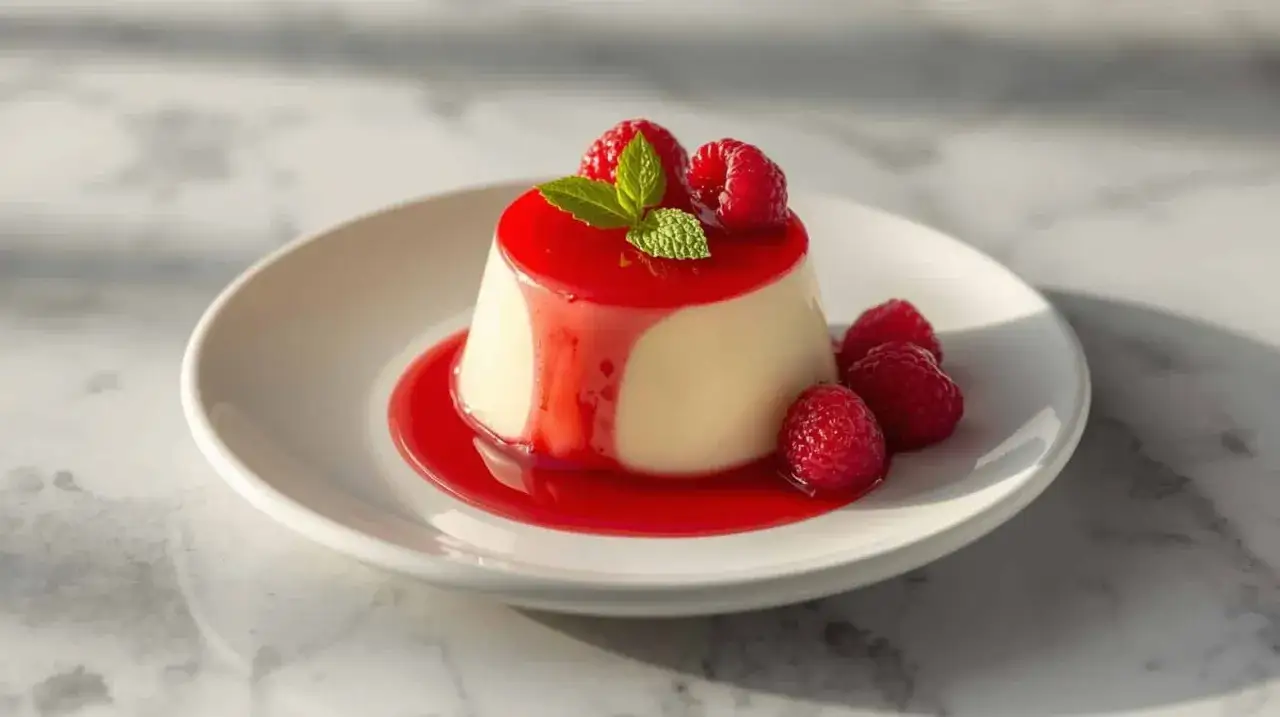 Panna cotta, d'origine italienne, est un dessert crémeux nappé de coulis de framboise et garni de fruits rouges frais.