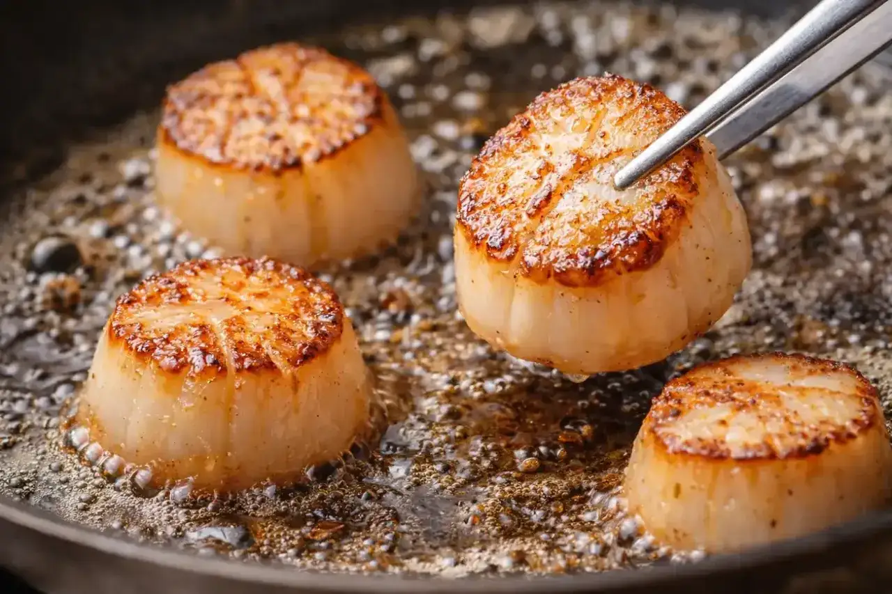 Cuisson de noix de Saint-Jacques dorées dans une poêle, avec leur corail orangé, prêtes à être dégustées.