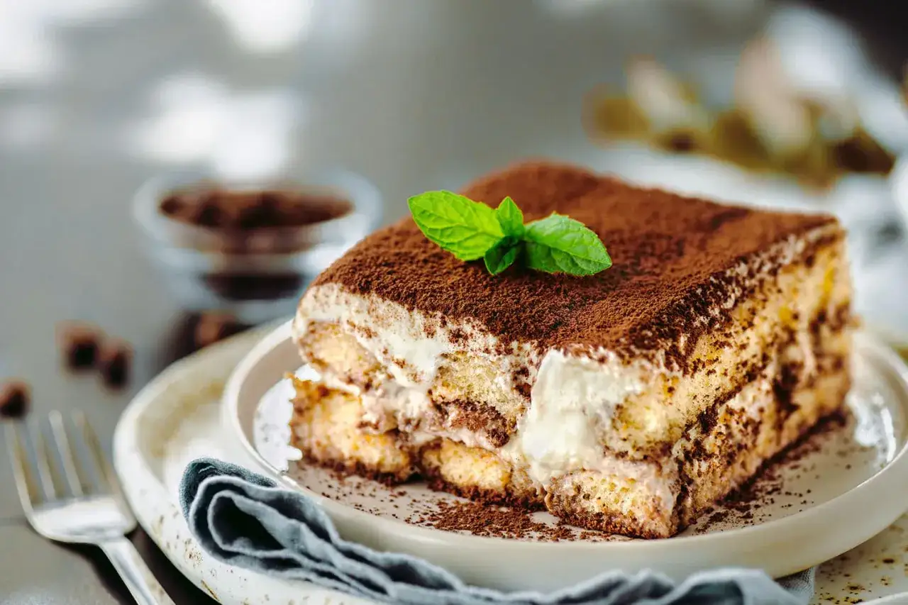 Une part de tiramisu, avec ses couches de biscuit pour tiramisu imbib&eacute; et de cr&egrave;me, saupoudr&eacute;e de cacao et d&eacute;cor&eacute;e d'une feuille de menthe.