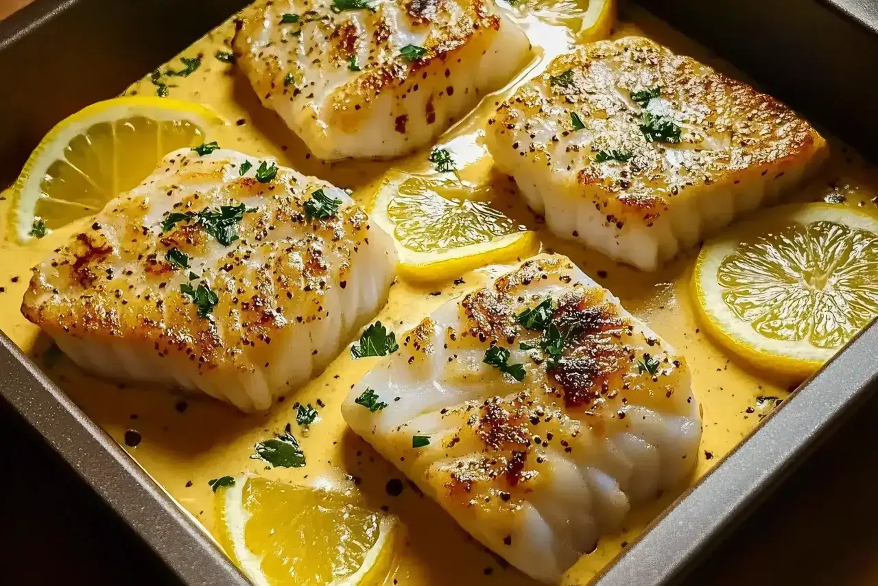 Quatre morceaux de dos de cabillaud au four, napp&eacute;s d'une sauce cr&eacute;meuse, parsem&eacute;s de persil et accompagn&eacute;s de rondelles de citron.