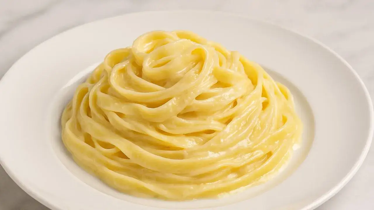 Un plat de fettuccine alfredo cr&eacute;meux et onctueux, servi sur une assiette blanche. Un d&eacute;lice simple et r&eacute;confortant.