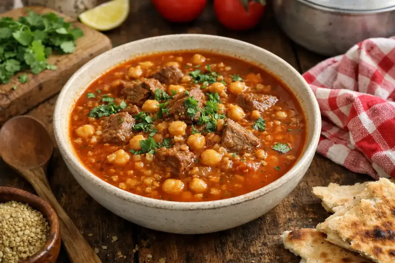 Un bol de chorba frik recette, une soupe copieuse aux morceaux de viande, pois chiches et herbes fraîches, accompagnée de pain plat.