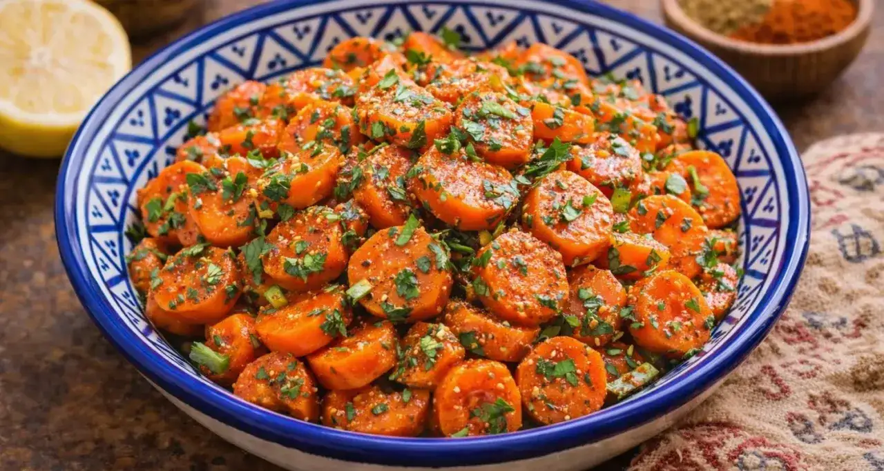 Salade marocaine de carottes coup&eacute;es en rondelles, assaisonn&eacute;e d'&eacute;pices et de persil frais, servie dans un plat bleu et blanc.