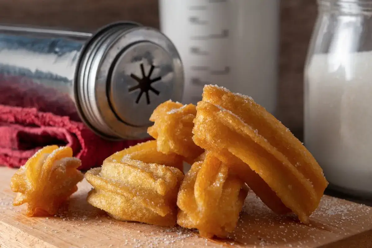 Des churros dor&eacute;s saupoudr&eacute;s de sucre, pr&ecirc;ts &agrave; &ecirc;tre d&eacute;gust&eacute;s. L'outil pour faire la recette churros est &agrave; c&ocirc;t&eacute;, avec du sucre en poudre.