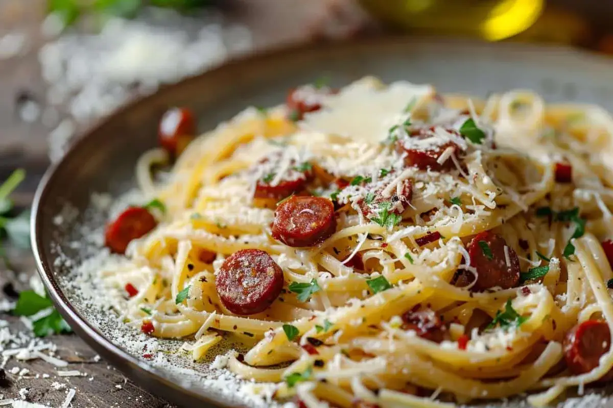 Délicieuse assiette de pâtes au chorizo, parsemée de parmesan râpé et de persil frais. Un plat savoureux et réconfortant.