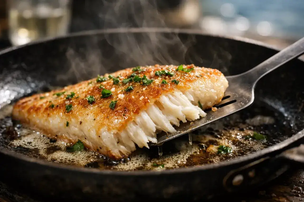 Un filet de merlan dor&eacute; et croustillant, cuit &agrave; la perfection dans une po&ecirc;le, d&eacute;gageant une vapeur app&eacute;tissante.