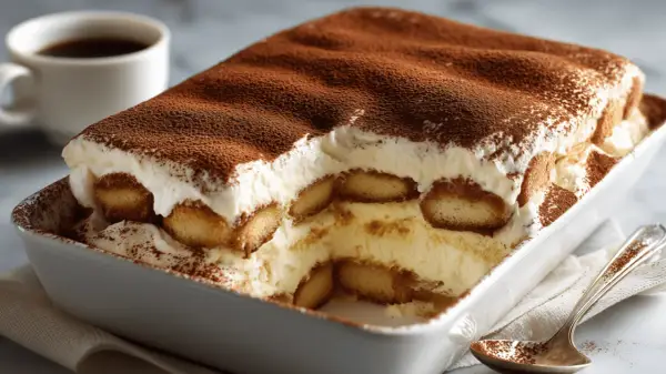Un délicieux tiramisu sans alcool, crémeux et généreusement saupoudré de cacao, prêt à être dégusté avec une tasse de café.