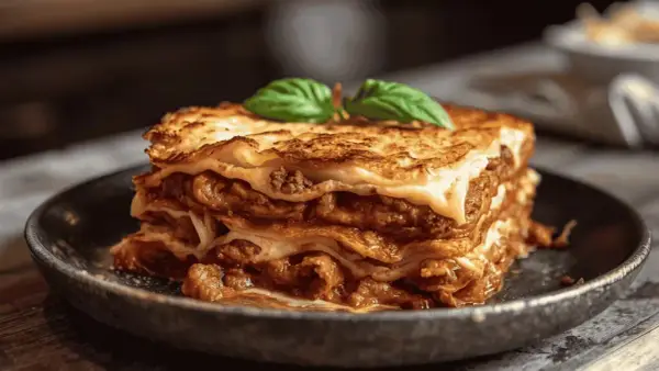 Une part de lasagne à la béchamel, garnie de feuilles de basilic, prête à être dégustée.