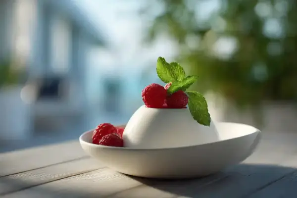 Délicieuse panna cotta blanche, garnie de framboises fraîches et d'une feuille de menthe, sur une table en bois.
