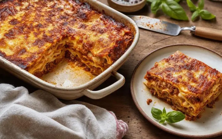 Une part de lasagne maison, dorée et appétissante, prête à être dégustée. La recette parfaite pour un repas réconfortant.
