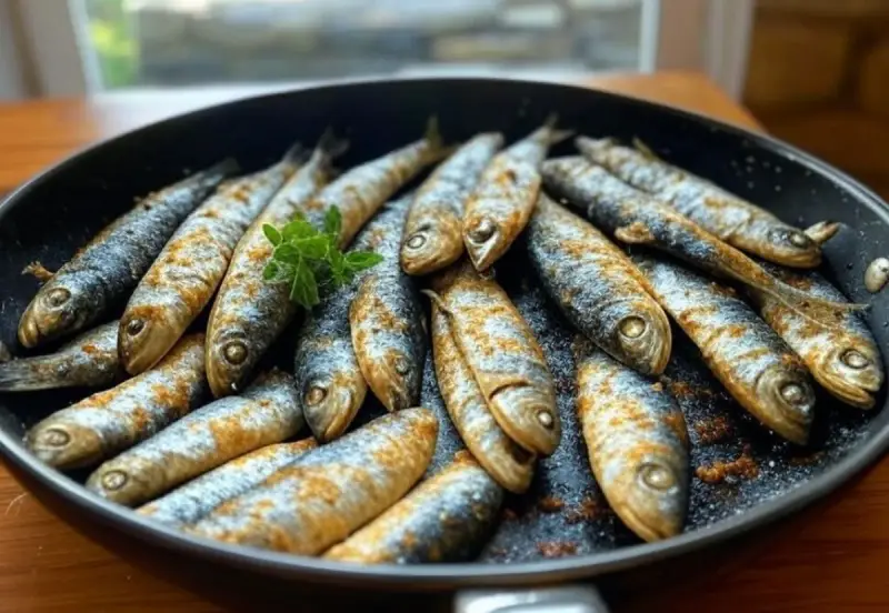 Sardines dorées et assaisonnées dans une poêle, prêtes pour une délicieuse recette sardine. Une touche de persil frais pour la garniture.